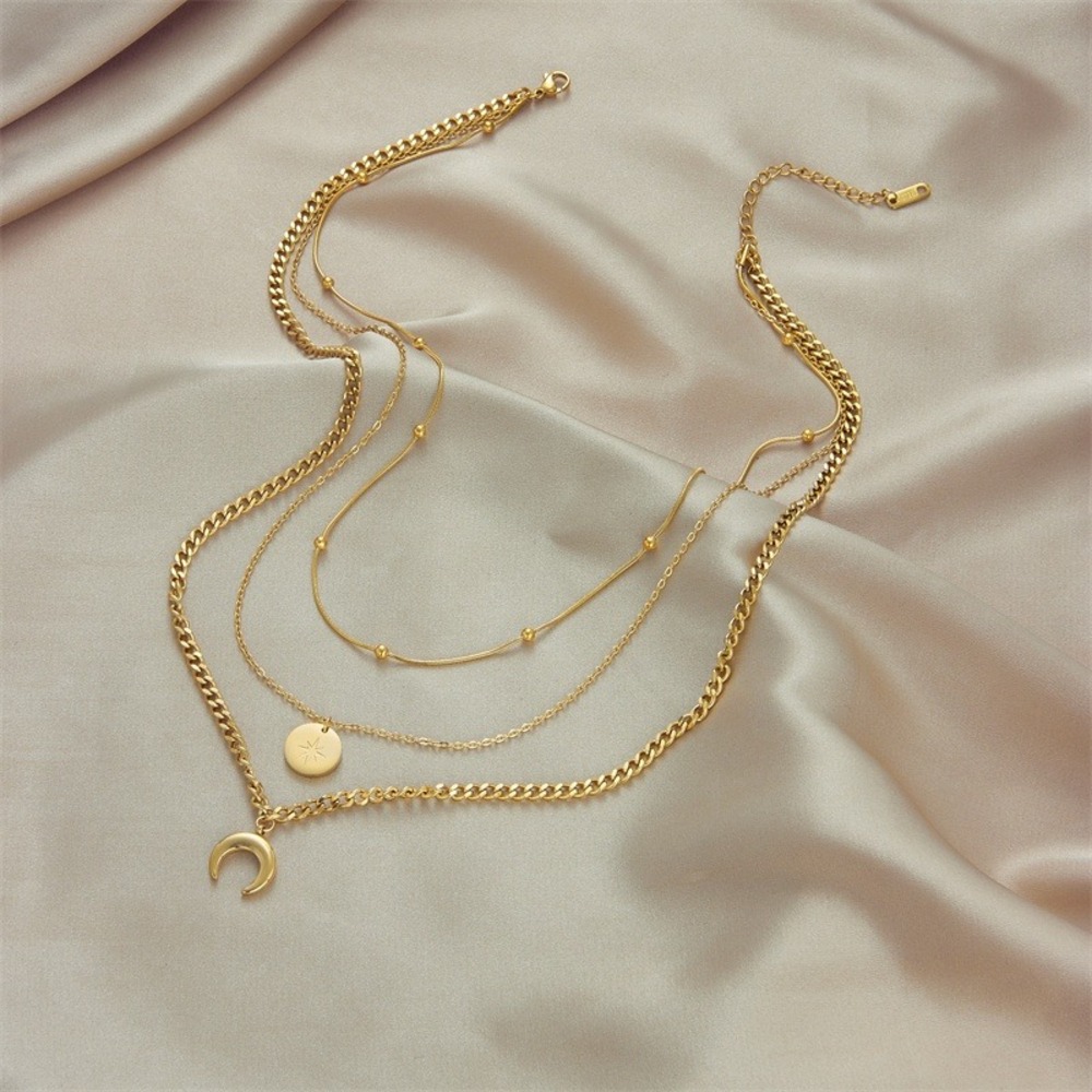Boutique Layered Necklace Women OS Gold Celestial Moon Star Disc Multi Strand - Picture 3 of 6